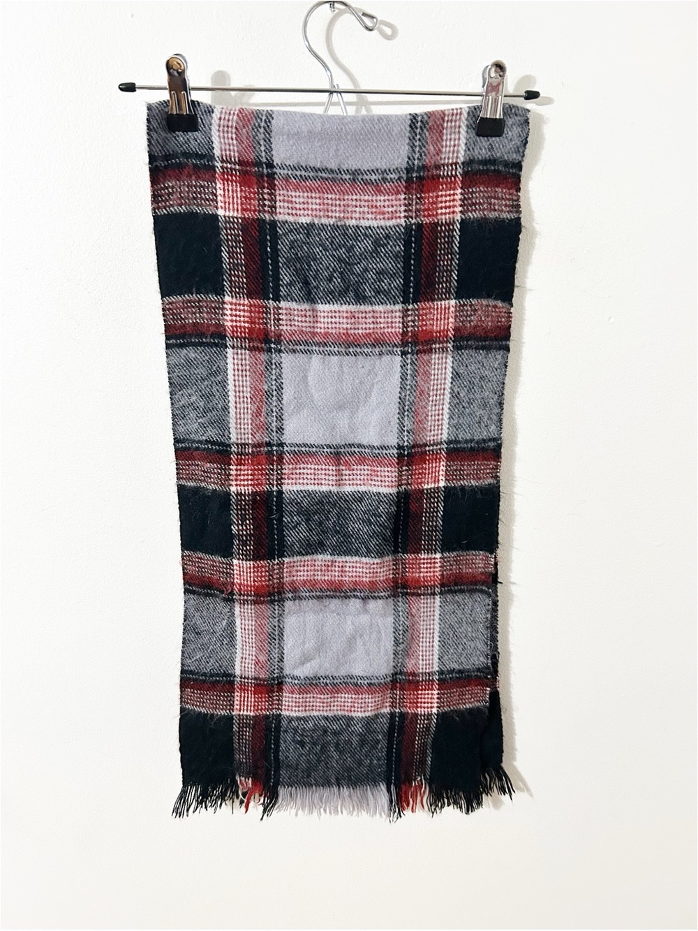Vintage 100% Cashmere Scarf Made in West Germany Plaid Fringe Red Grey Black